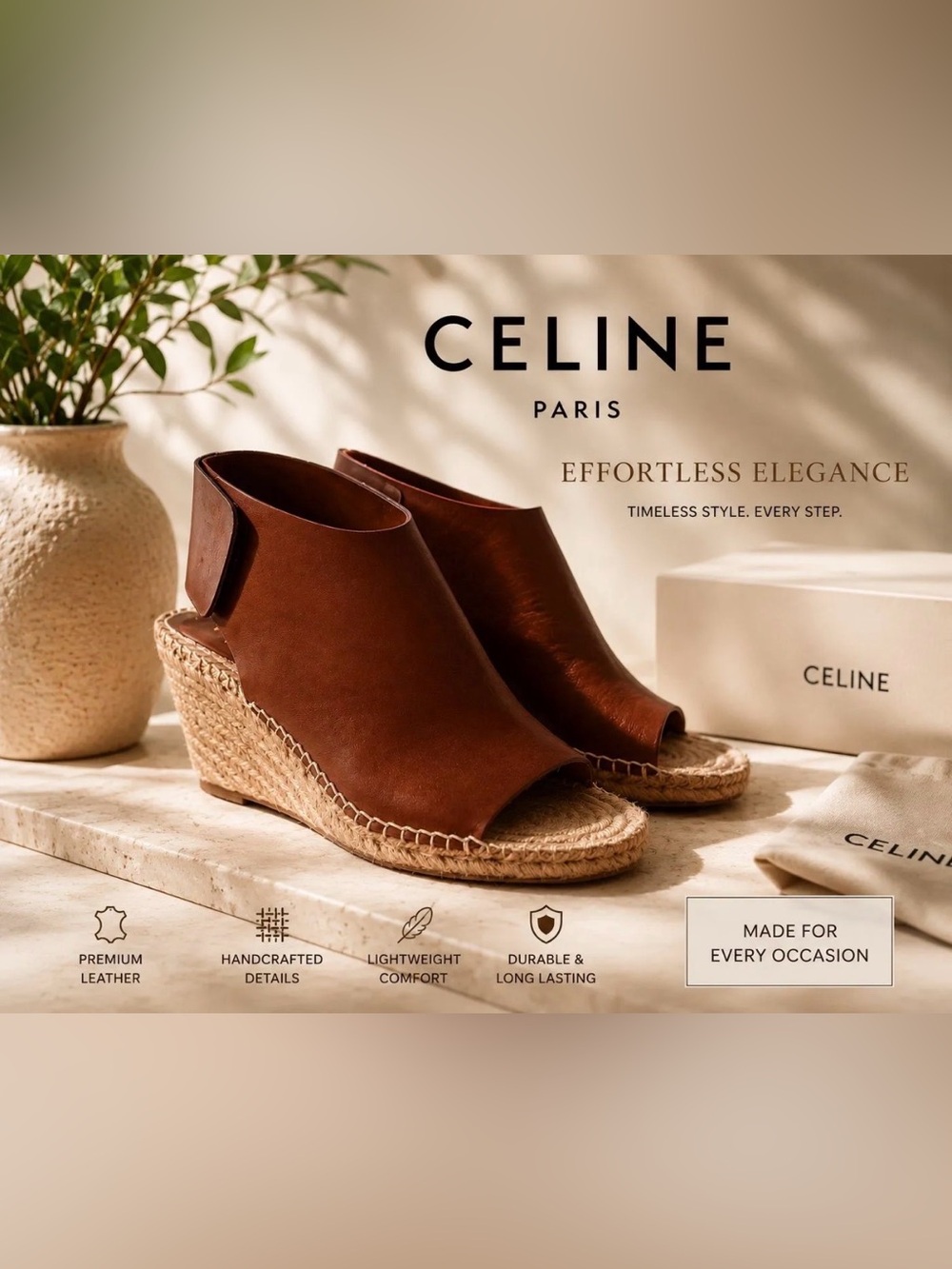 Celine Brown Leather Espadrille Wedge Mules